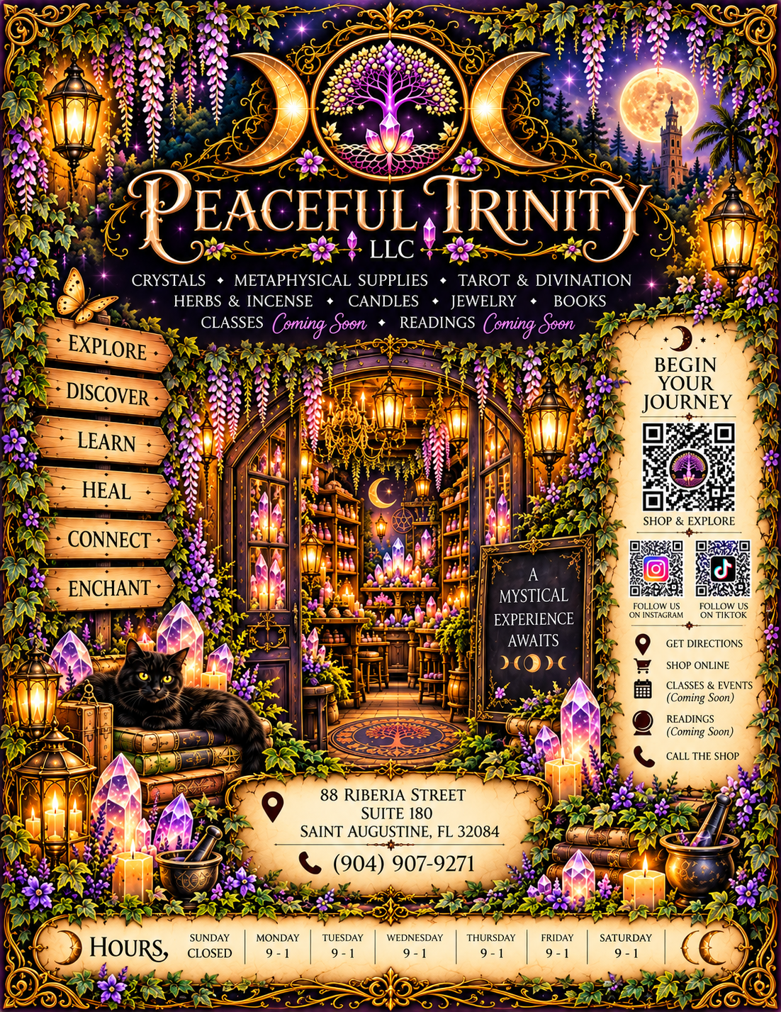 Peaceful Trinity enchanted shop. Explore the illustrated doorway, wooden pathway signs, journey parchment, crystals, books, and shop information.